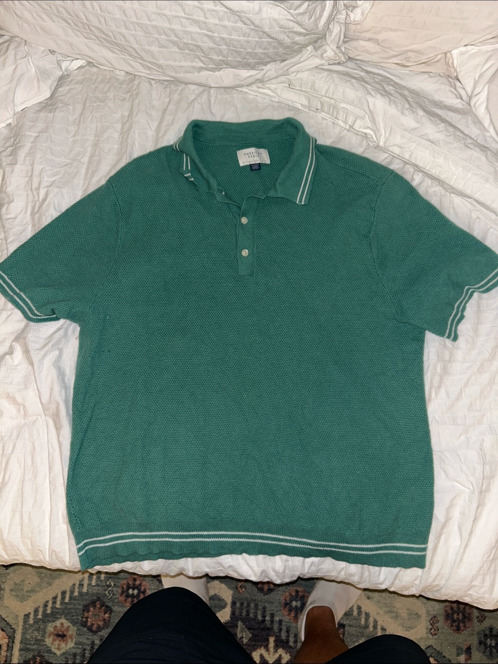 American Eagle Outfitters Teal Green Cropped Polo with White Stripe Trim